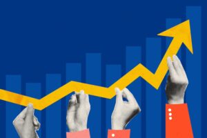 An illustration of four hands in a row holding a horizontal yellow arrow pointing up