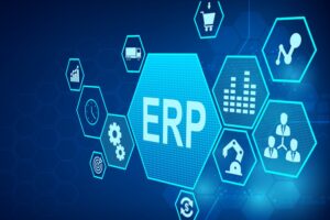 A graphic of connected blue hexagonal icons, with the largest one in the middle reading "ERP" is large white letters