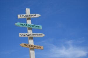 A SIGNPOST HAS SIGNS POINTING IN DIFFERENT DIRECTIONS, LABELED NEARSHORING RESHORING FREINDSHORING OFFSHORING