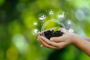 TWO HANDS HOLD UP A CLOD OF EARTH WITH A SMALL GREEN PLANT GROWING OUT OF IT, SURROUNDED BY SYMBOLS FOR FINANCE, TRANSPORTATION ETC.
