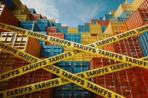 Criss-crossed yellow caution tape that reads "TARIFFS" in front of stacks of multi-colored shipping containers seen from a low angle